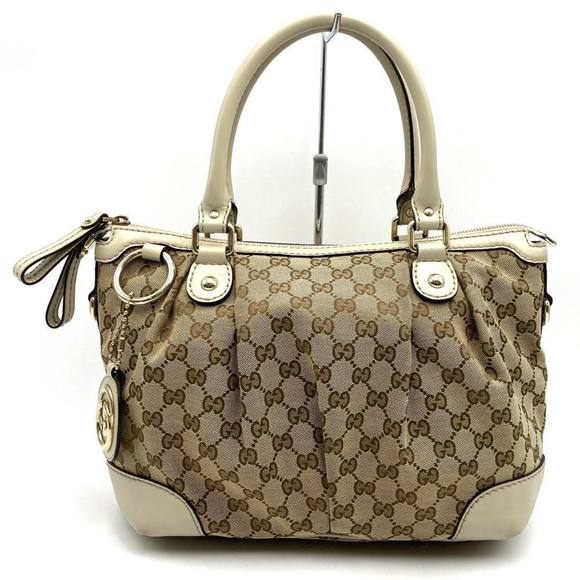 GUCCI 247902 Tote Bag Beige White GG Canvas Leather Keychain Women's - Picture 1 of 10